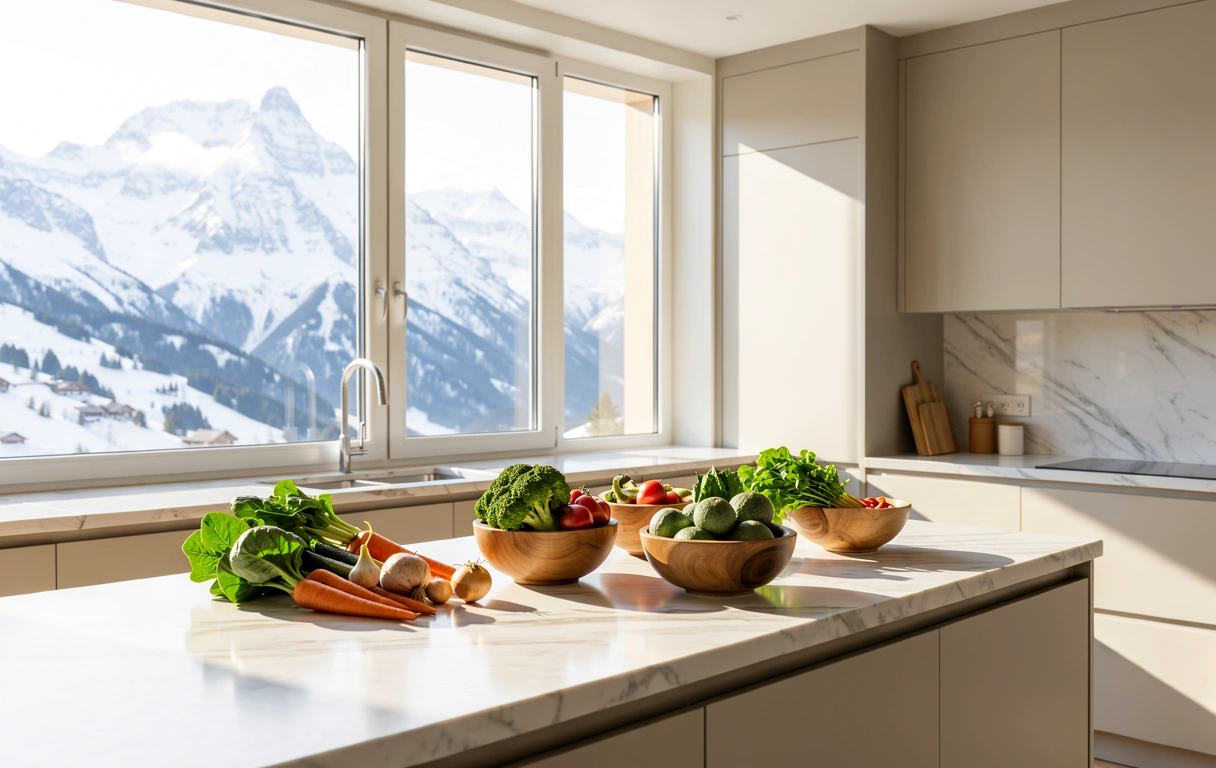 Moderne Alpenküche mit Aussicht